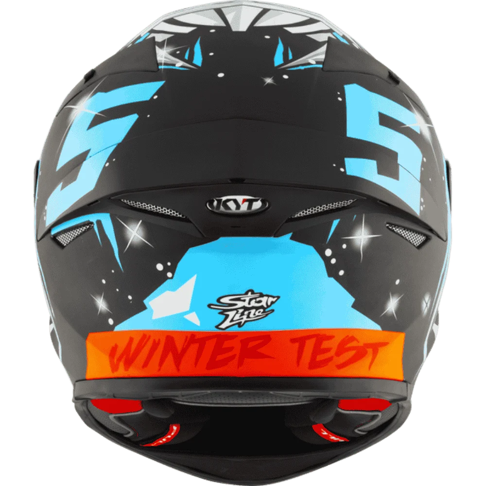 Motorcycle helmet masia Rep white face like graphic on top with blue KYT