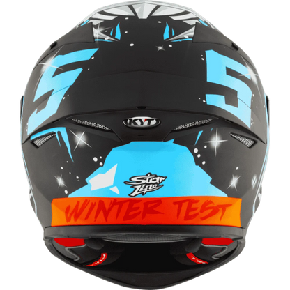 Motorcycle helmet masia Rep white face like graphic on top with blue KYT