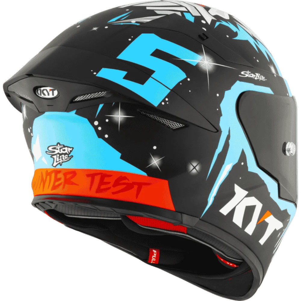 Motorcycle helmet masia Rep white face like graphic on top with blue KYT