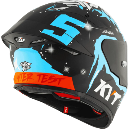 Motorcycle helmet masia Rep white face like graphic on top with blue KYT