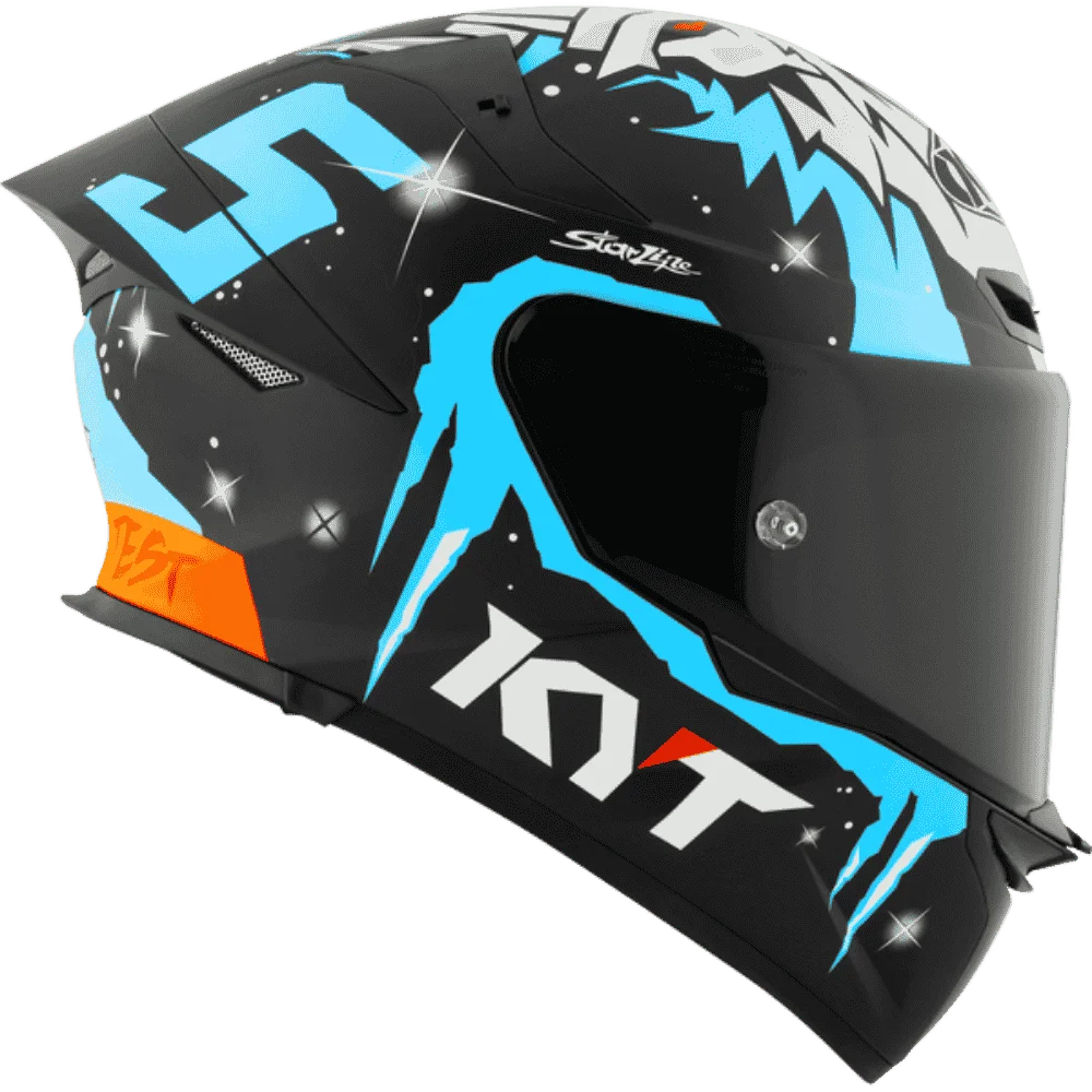 Motorcycle helmet masia Rep white face like graphic on top with blue KYT