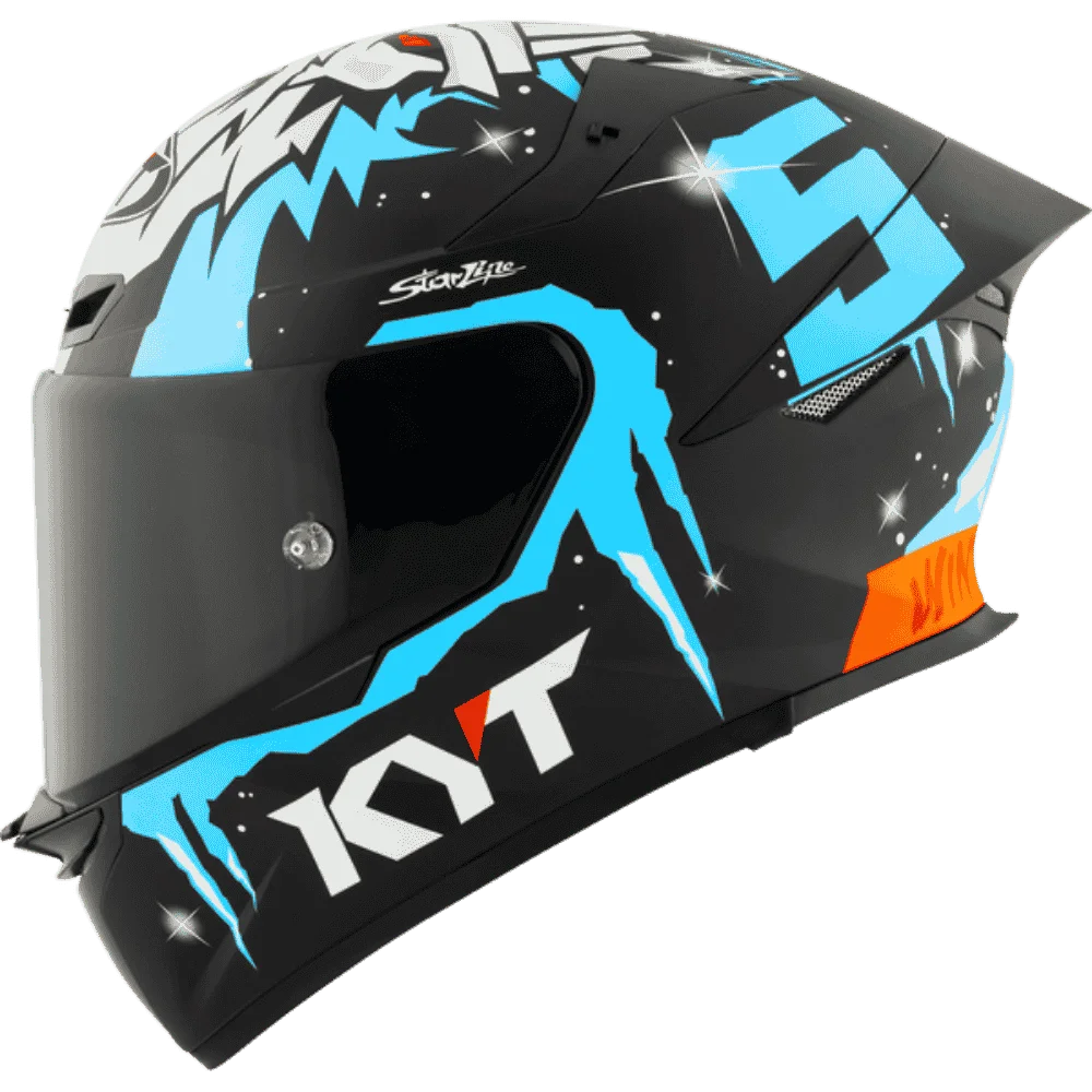 Motorcycle helmet masia Rep white face like graphic on top with blue KYT