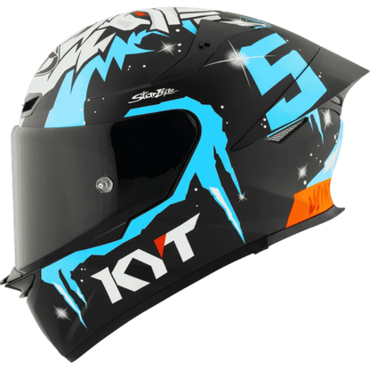 Motorcycle helmet masia Rep white face like graphic on top with blue KYT