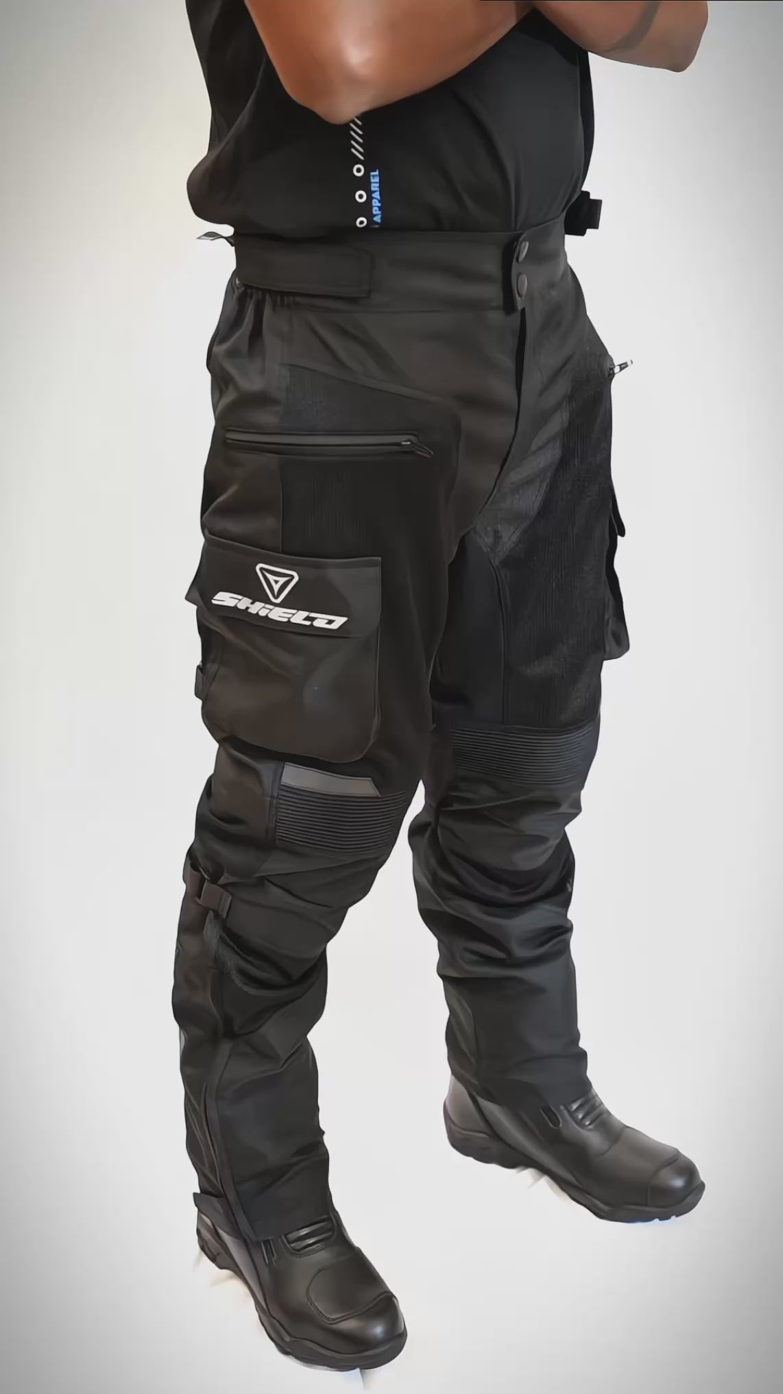 Motorcycle riding / touring pants black with grey reflective adjustable pulls 